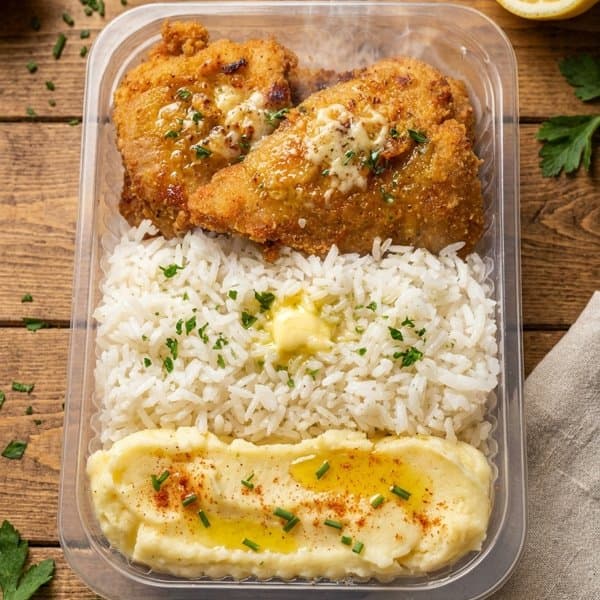 Frango à milanesa com Arroz branco e Purê de Batata