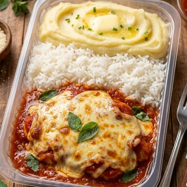 Frango à parmegiana com Arroz branco e Purê de Batata