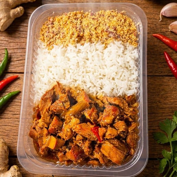 Frango Oriental, Arroz branco e Farofa